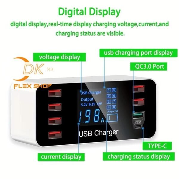 Chargeur USB 8port Smart LED display A9plus
60W – Image 2